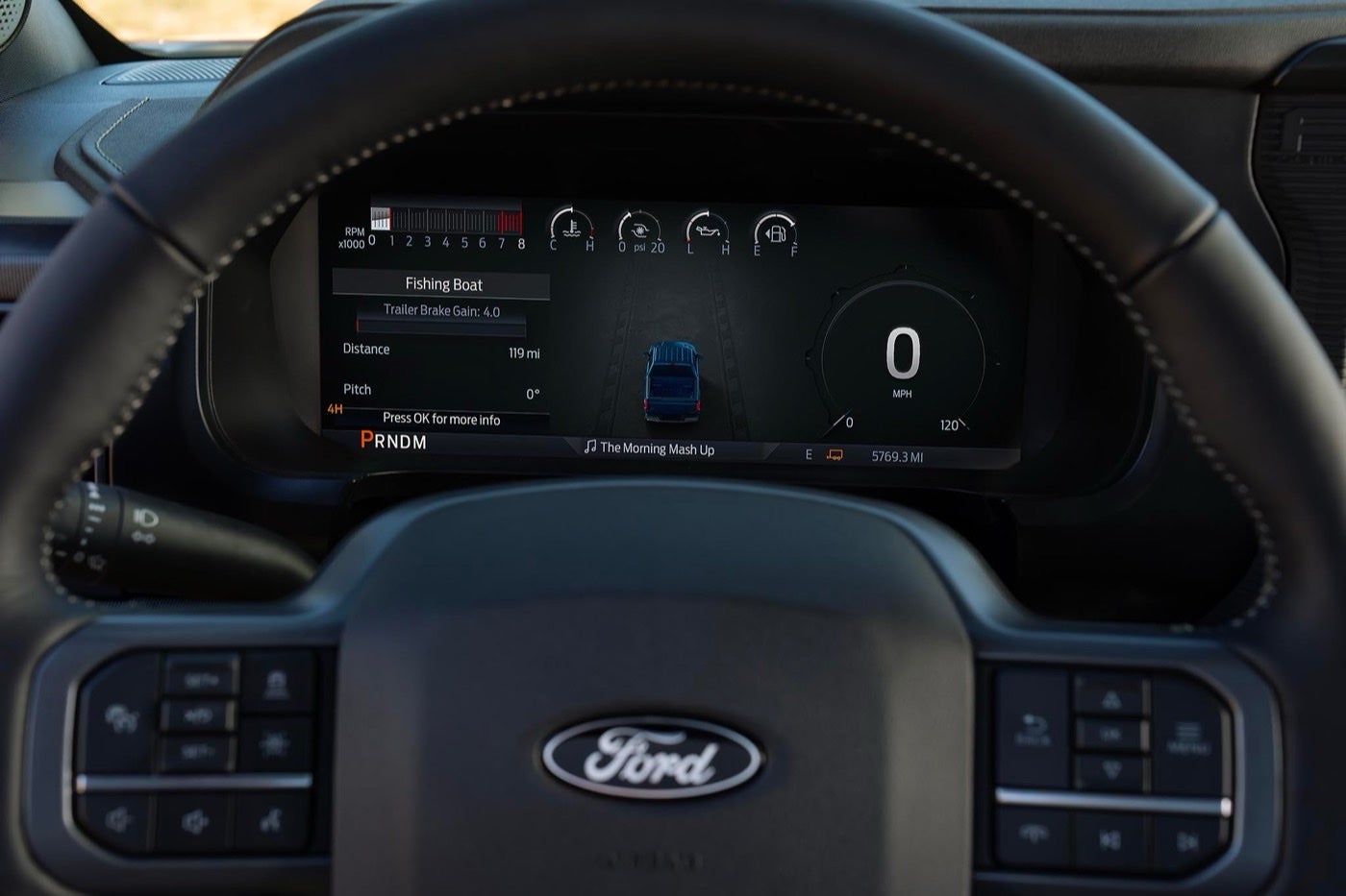 Close up of the digital instrument cluster in a Ford F-150